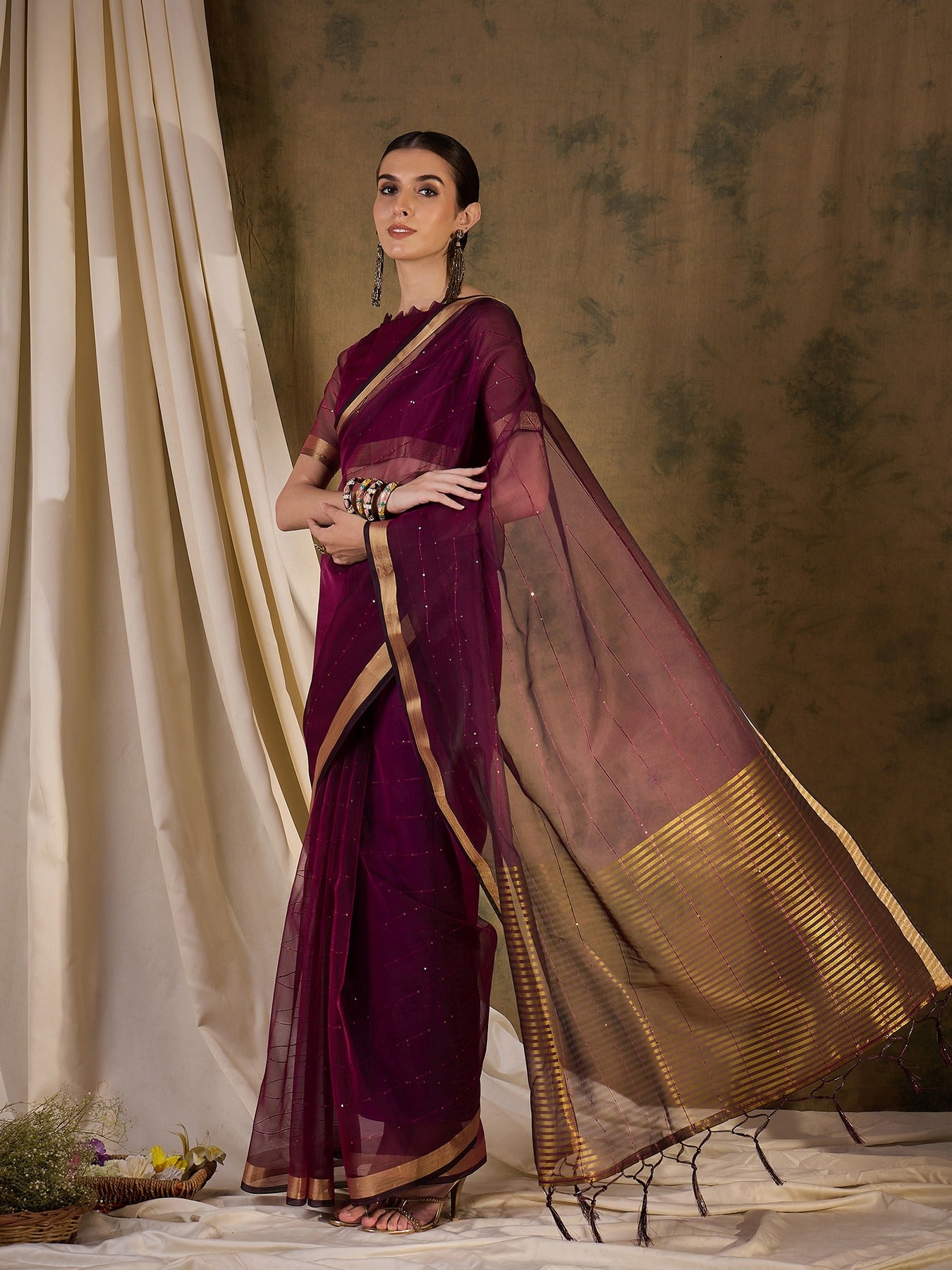 Women's Wine Organza Silk Weaving Work Saree By Epic Ethnics