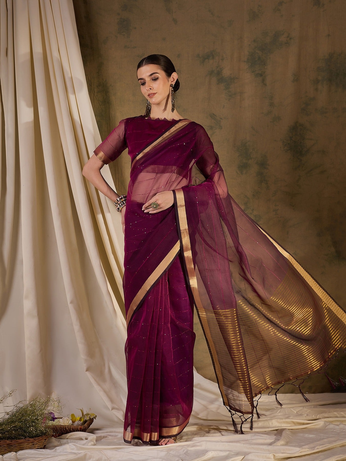 Women's Wine Organza Silk Weaving Work Saree By Epic Ethnics