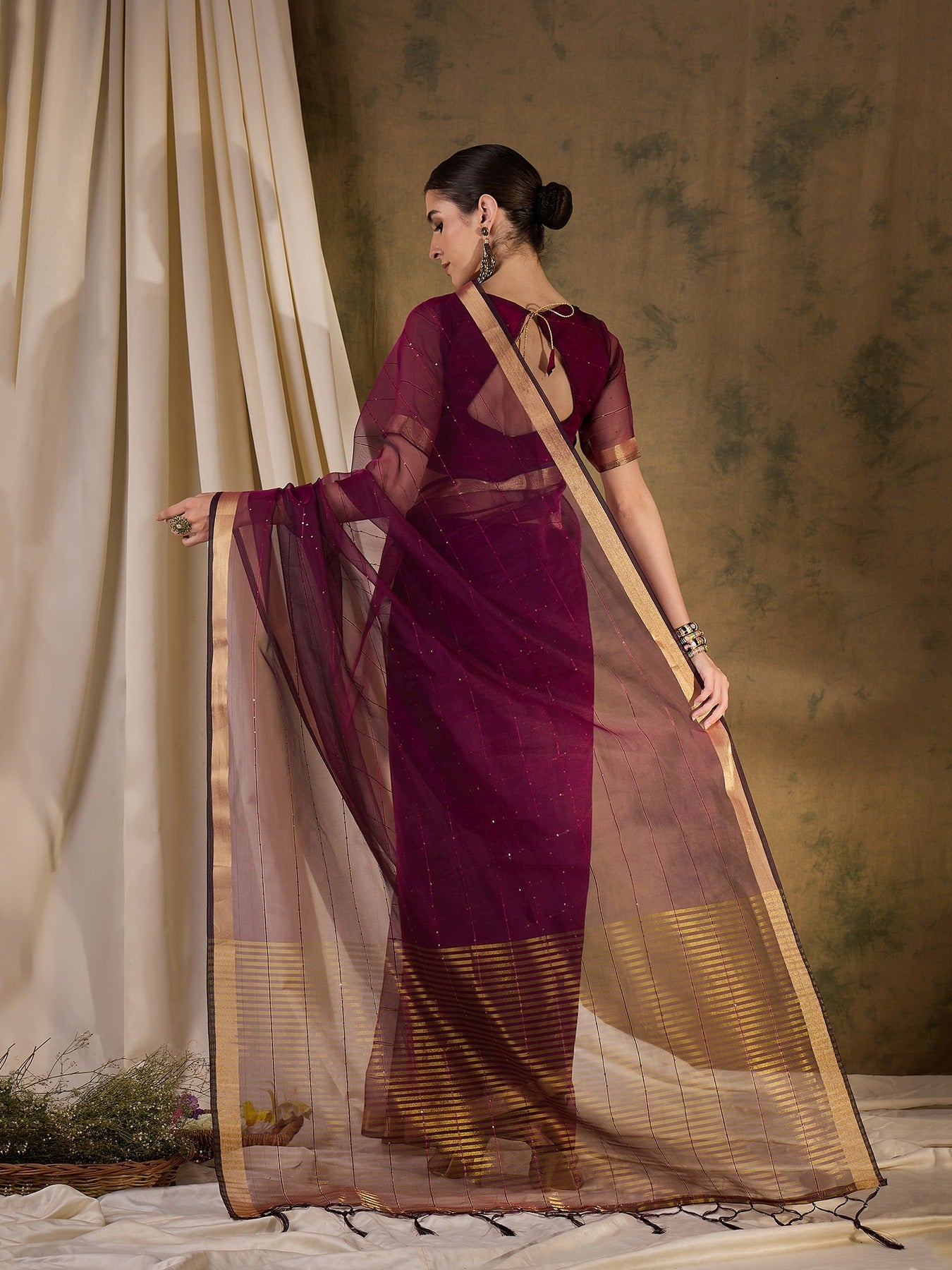 Women's Wine Organza Silk Weaving Work Saree By Epic Ethnics