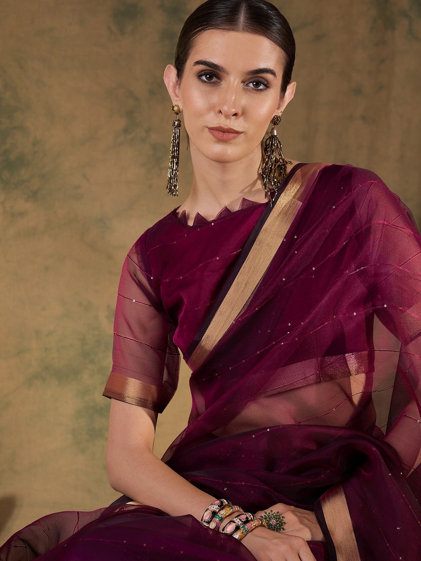 Women's Wine Organza Silk Weaving Work Saree By Epic Ethnics