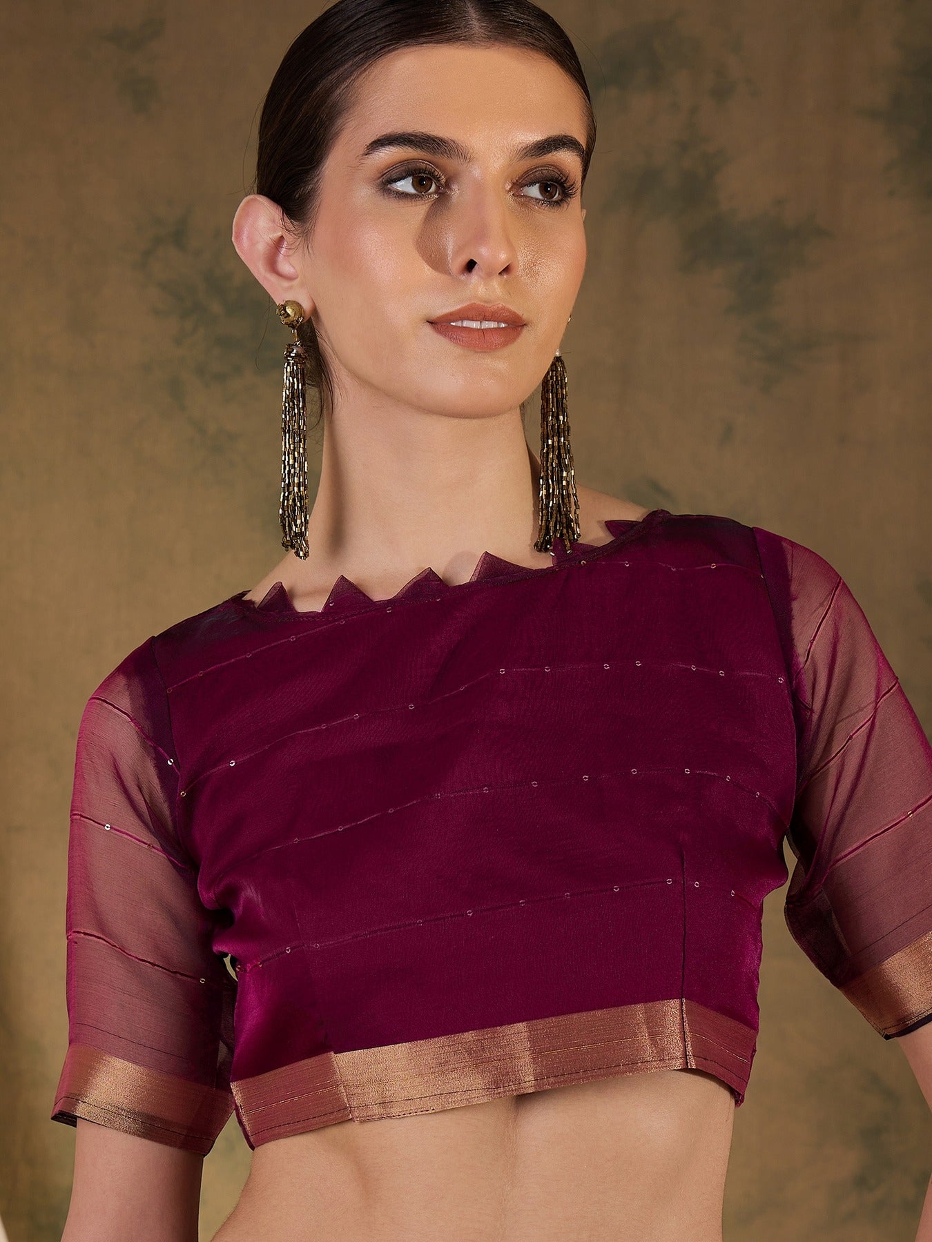 Women's Wine Organza Silk Weaving Work Saree By Epic Ethnics