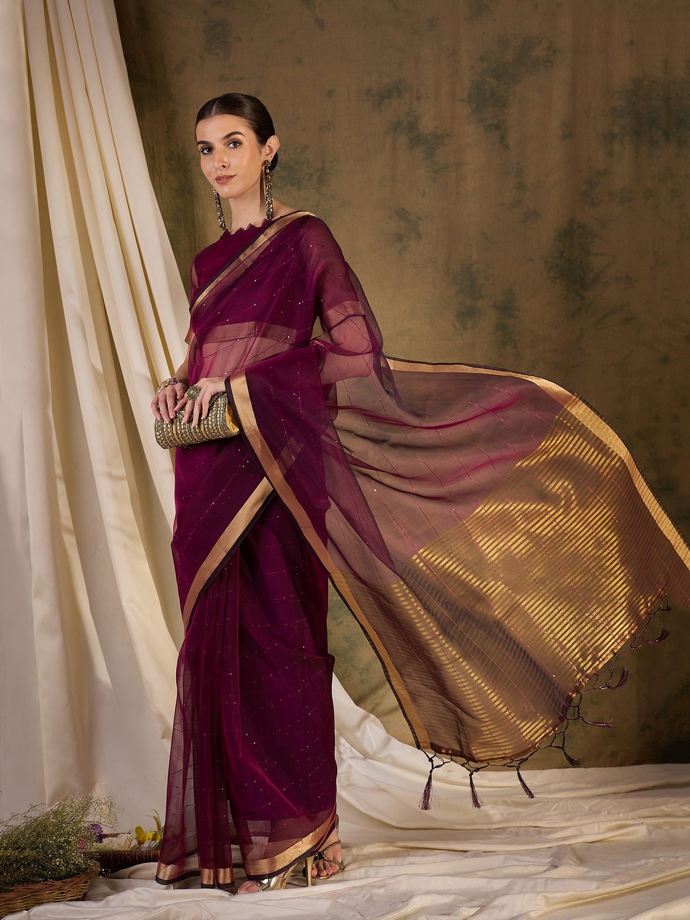 Women's Wine Organza Silk Weaving Work Saree By Epic Ethnics
