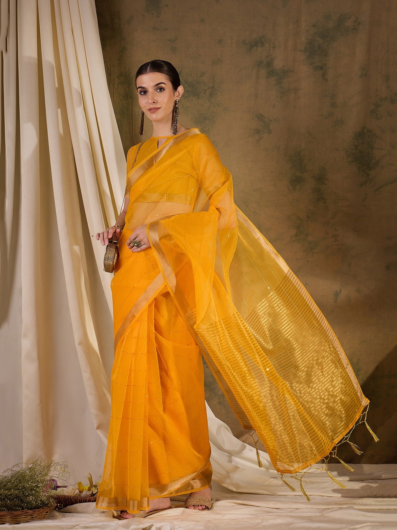 Women's Yellow Organza Silk Weaving Work Saree By Epic Ethnics