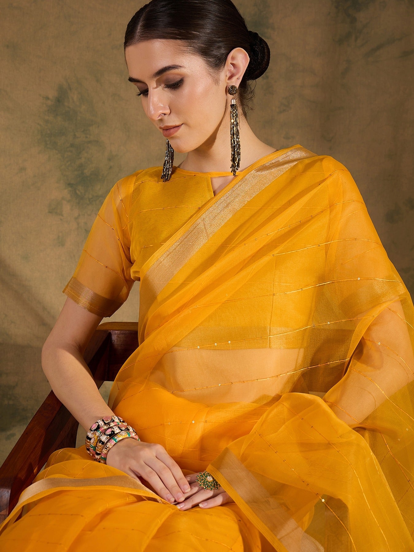 Women's Yellow Organza Silk Weaving Work Saree By Epic Ethnics