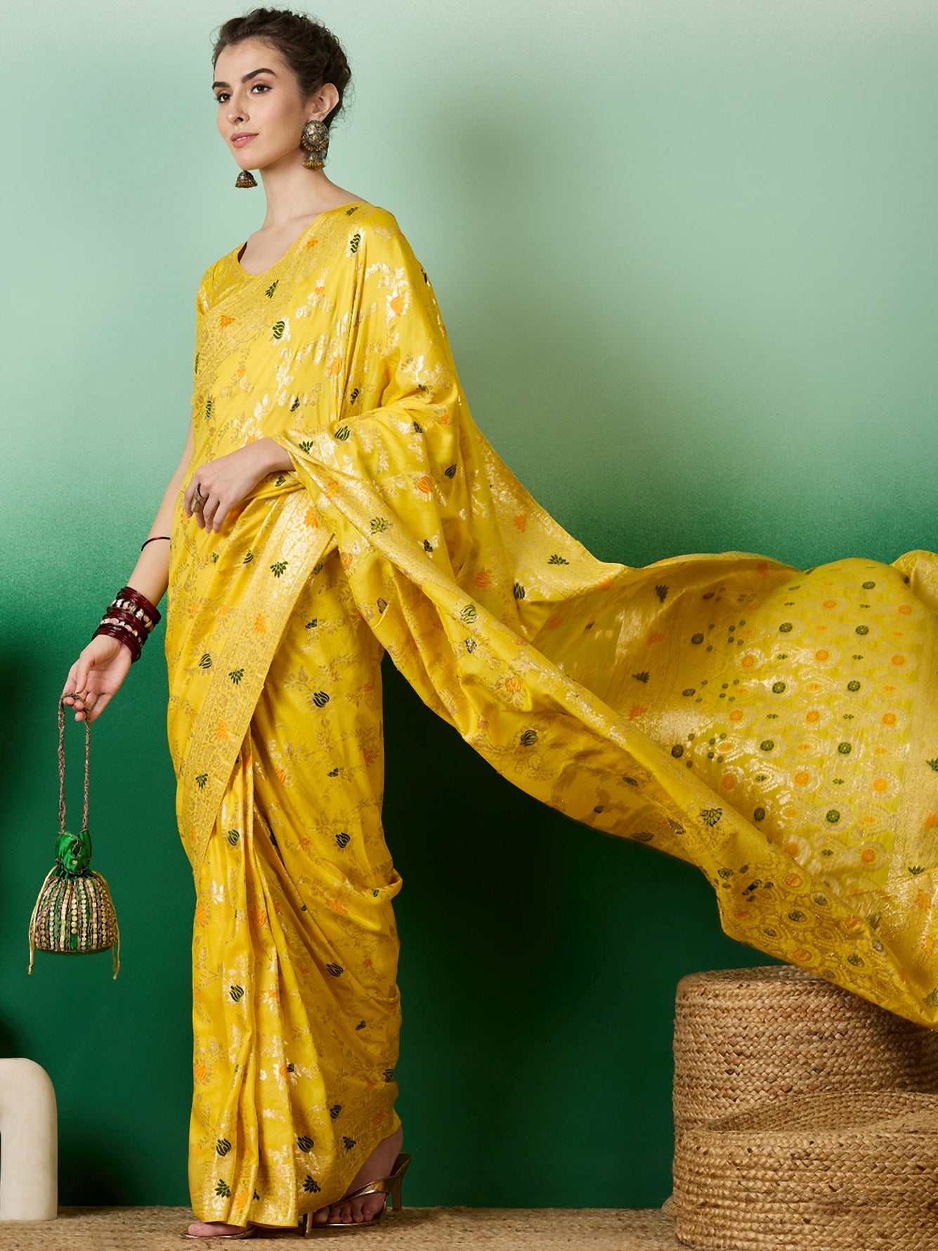 Women's Yellow Staple Dola Jacquard Weaving Work Saree By Epic Ethnics