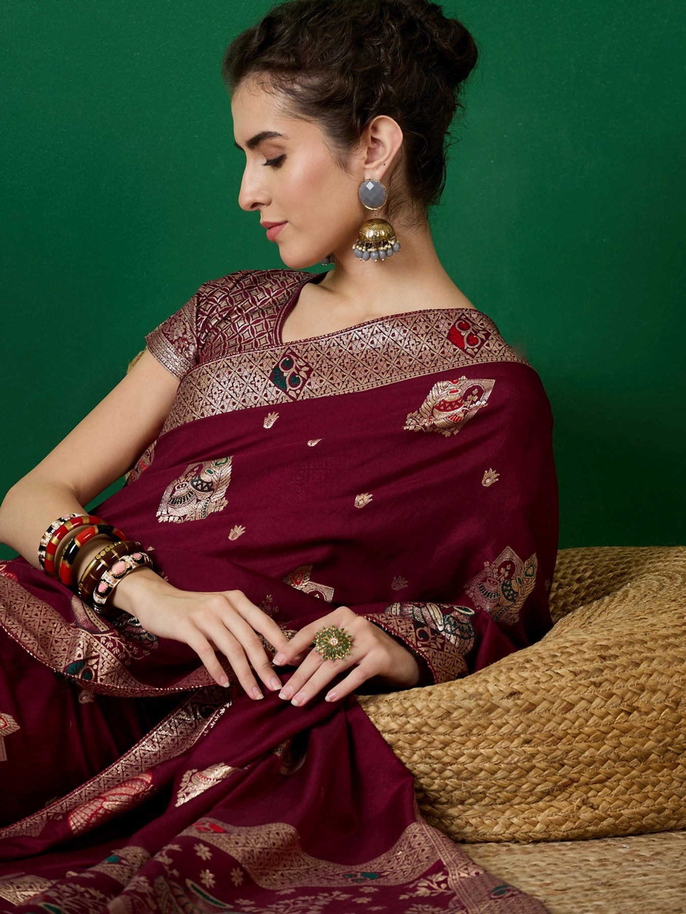 Women's Wine Staple Dola Jacquard Weaving Work Saree By Epic Ethnics