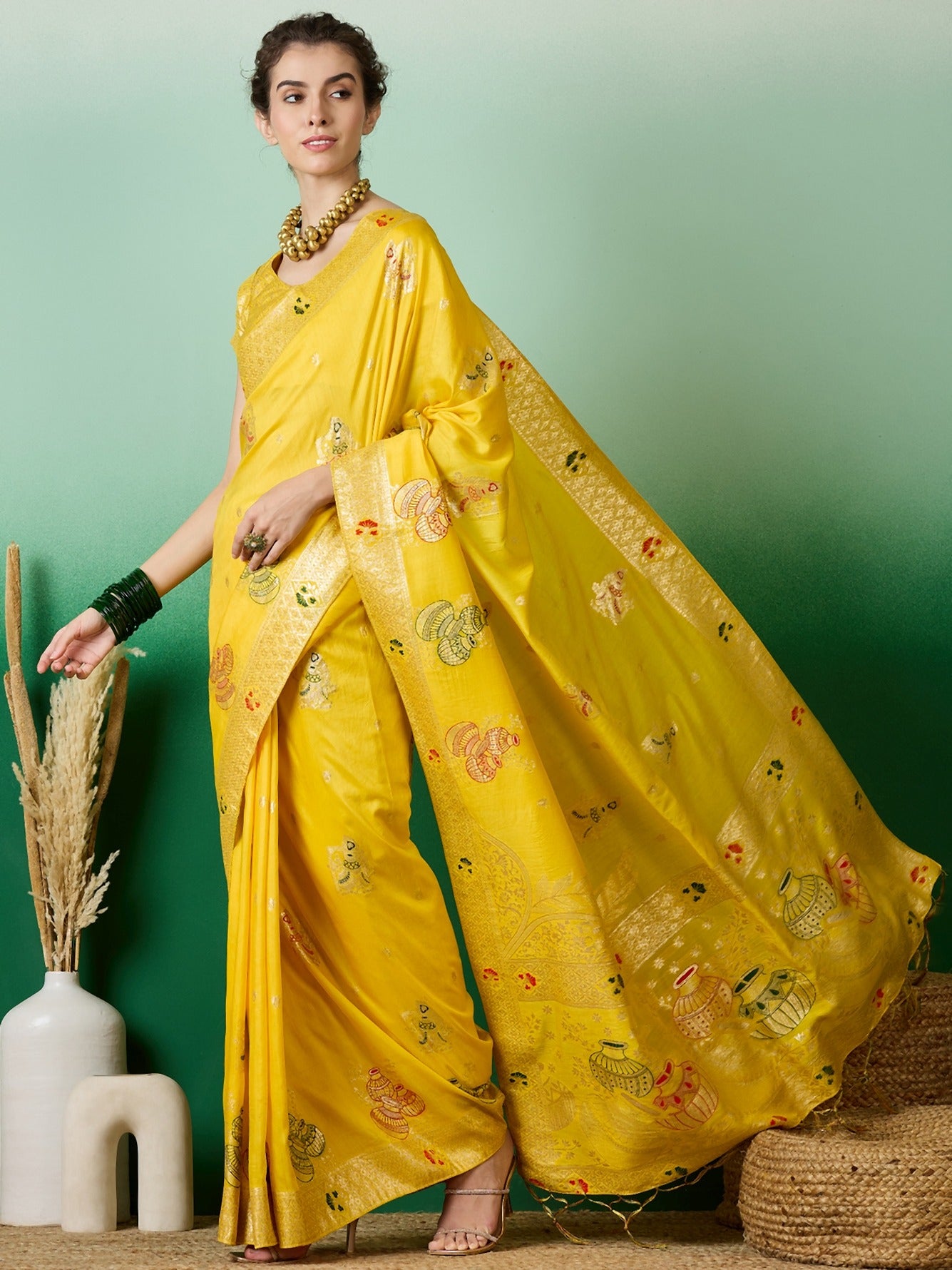 Women's Yellow Staple Dola Jacquard Weaving Work Saree By Epic Ethnics
