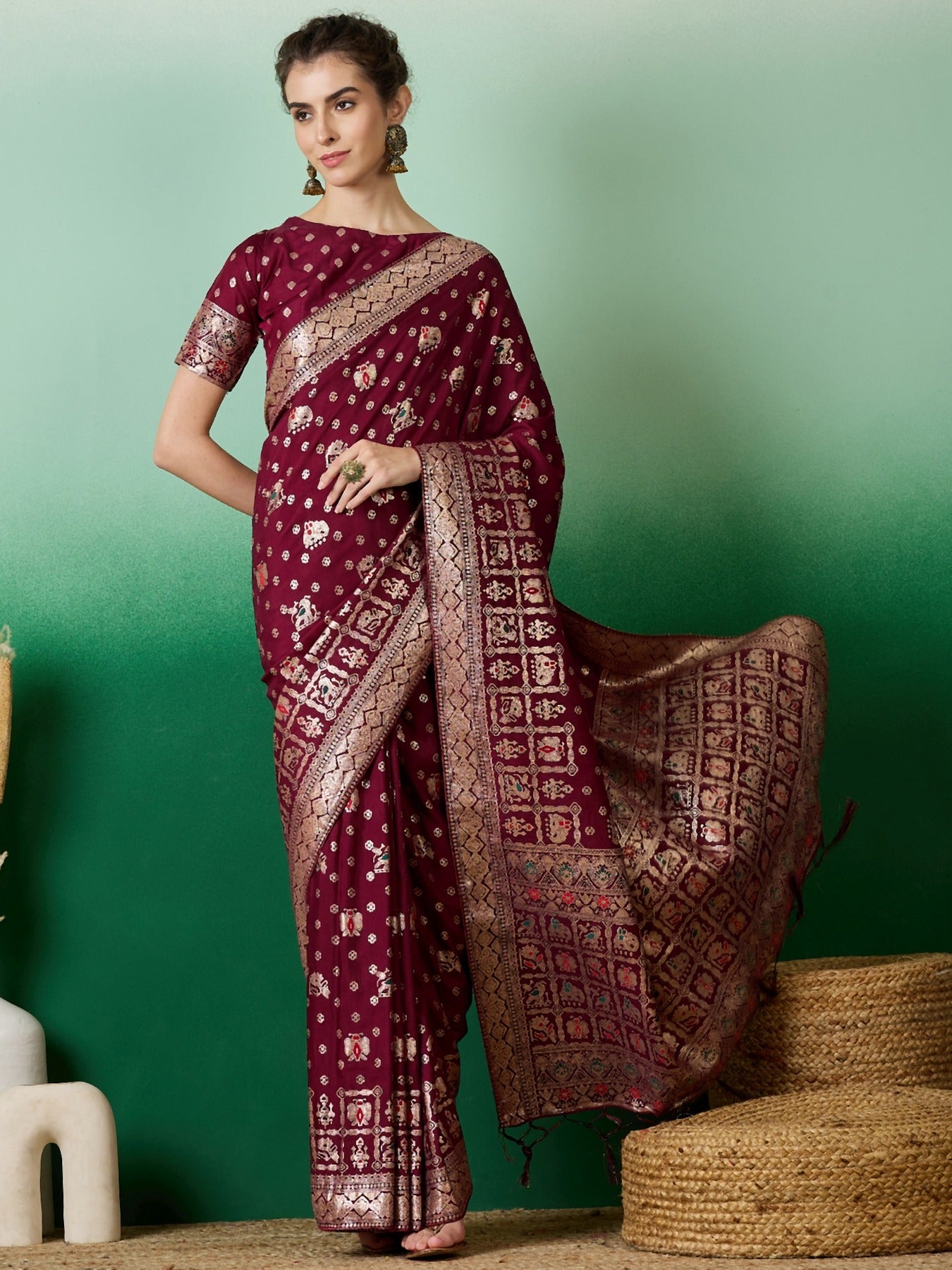 Women's Wine Staple Dola Jacquard Weaving Work Saree By Epic Ethnics