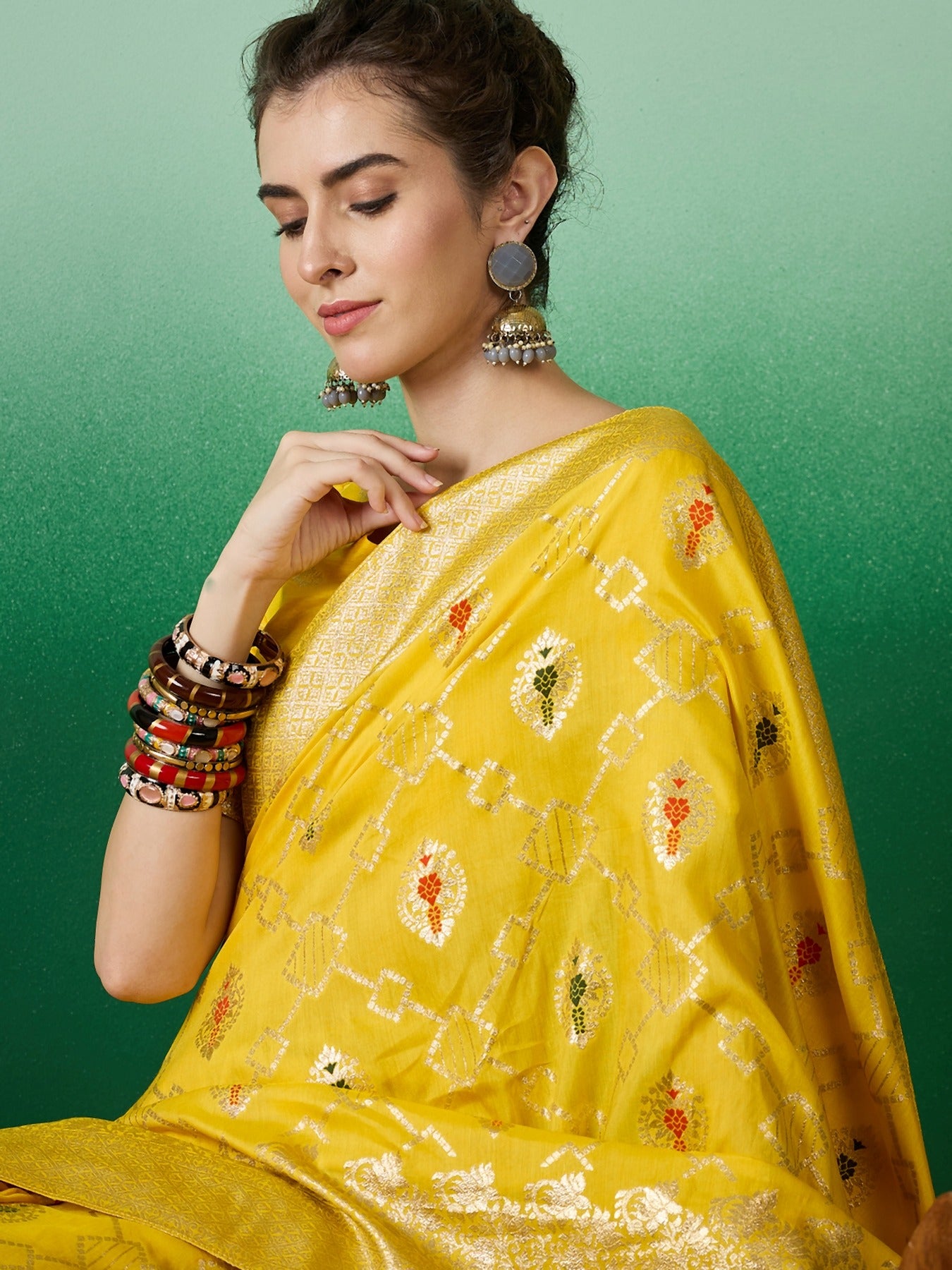 Women's Yellow Staple Dola Jacquard Weaving Work Saree By Epic Ethnics