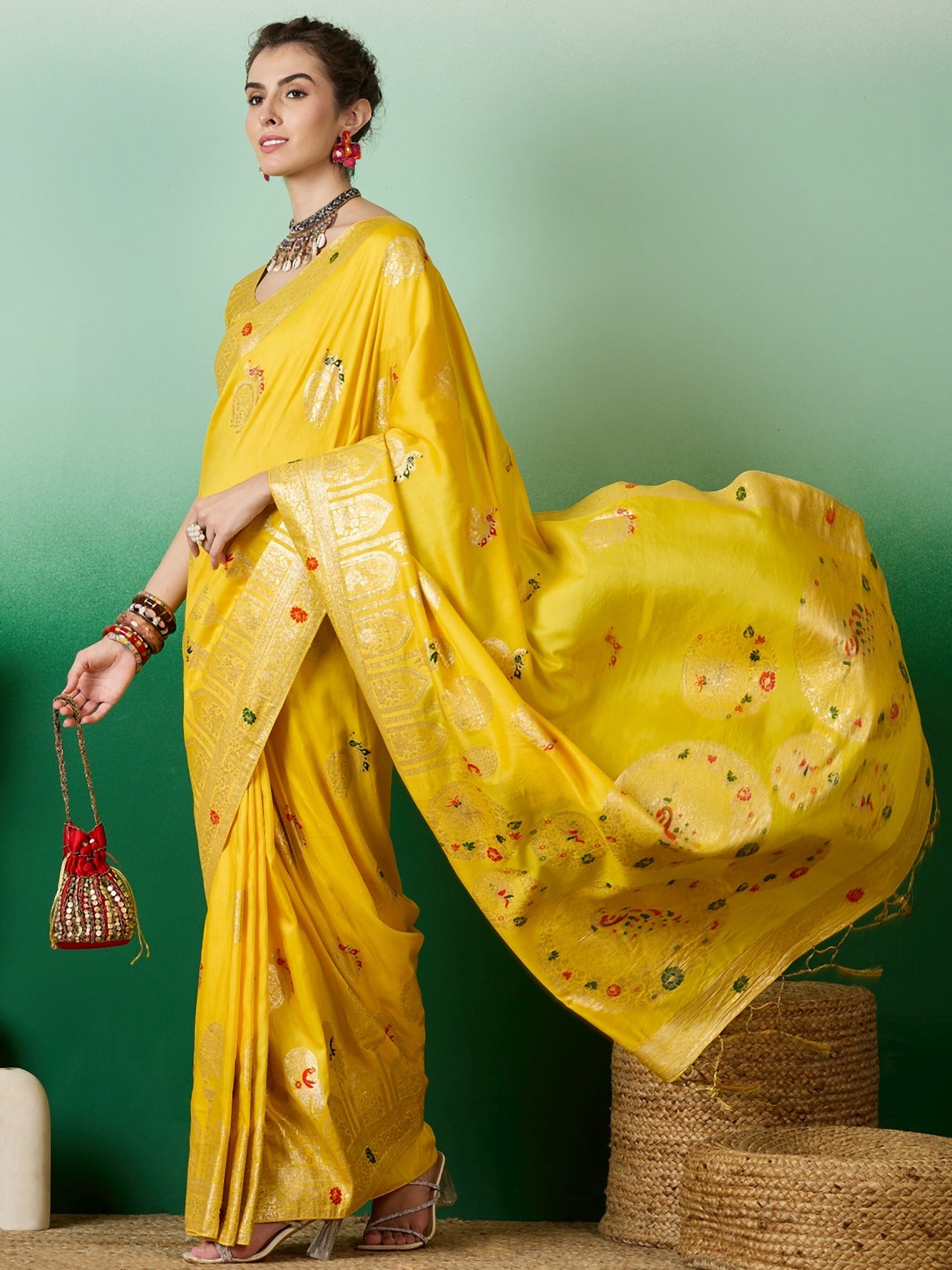 Women's Yellow Staple Dola Jacquard Weaving Work Saree By Epic Ethnics