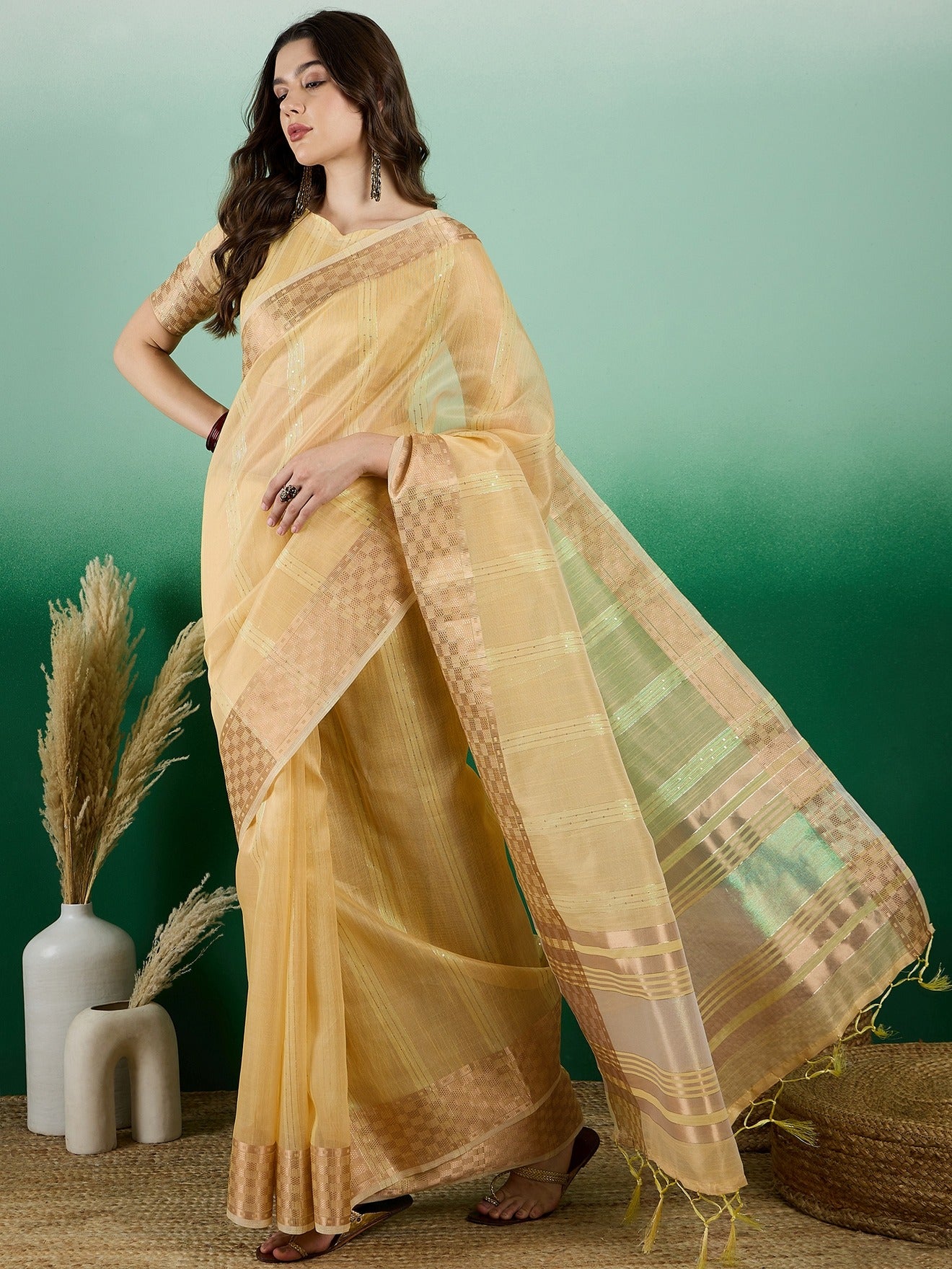 Women's Yellow Khadi Organza Weaving Work Saree By Epic Ethnics