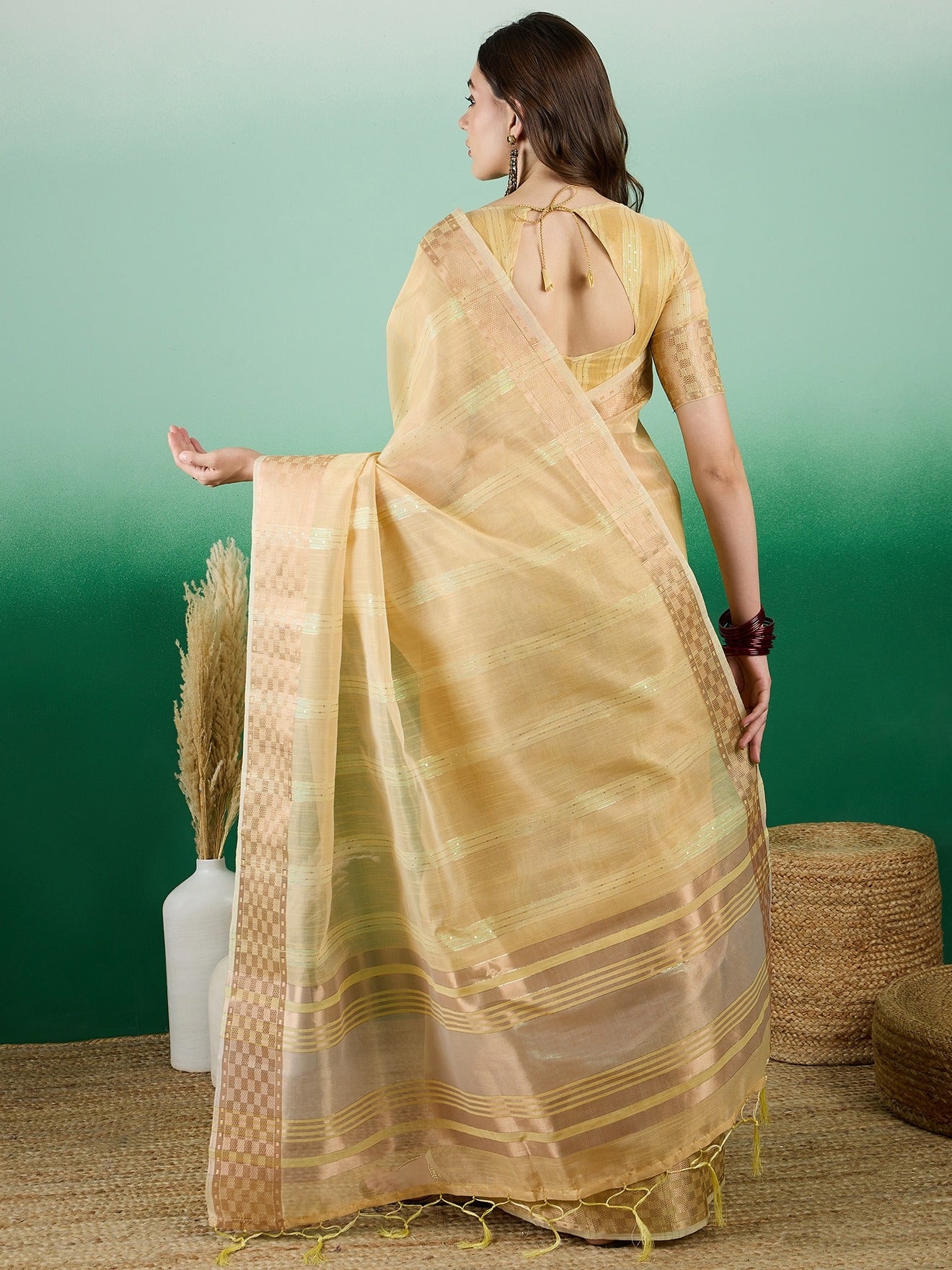 Women's Yellow Khadi Organza Weaving Work Saree By Epic Ethnics