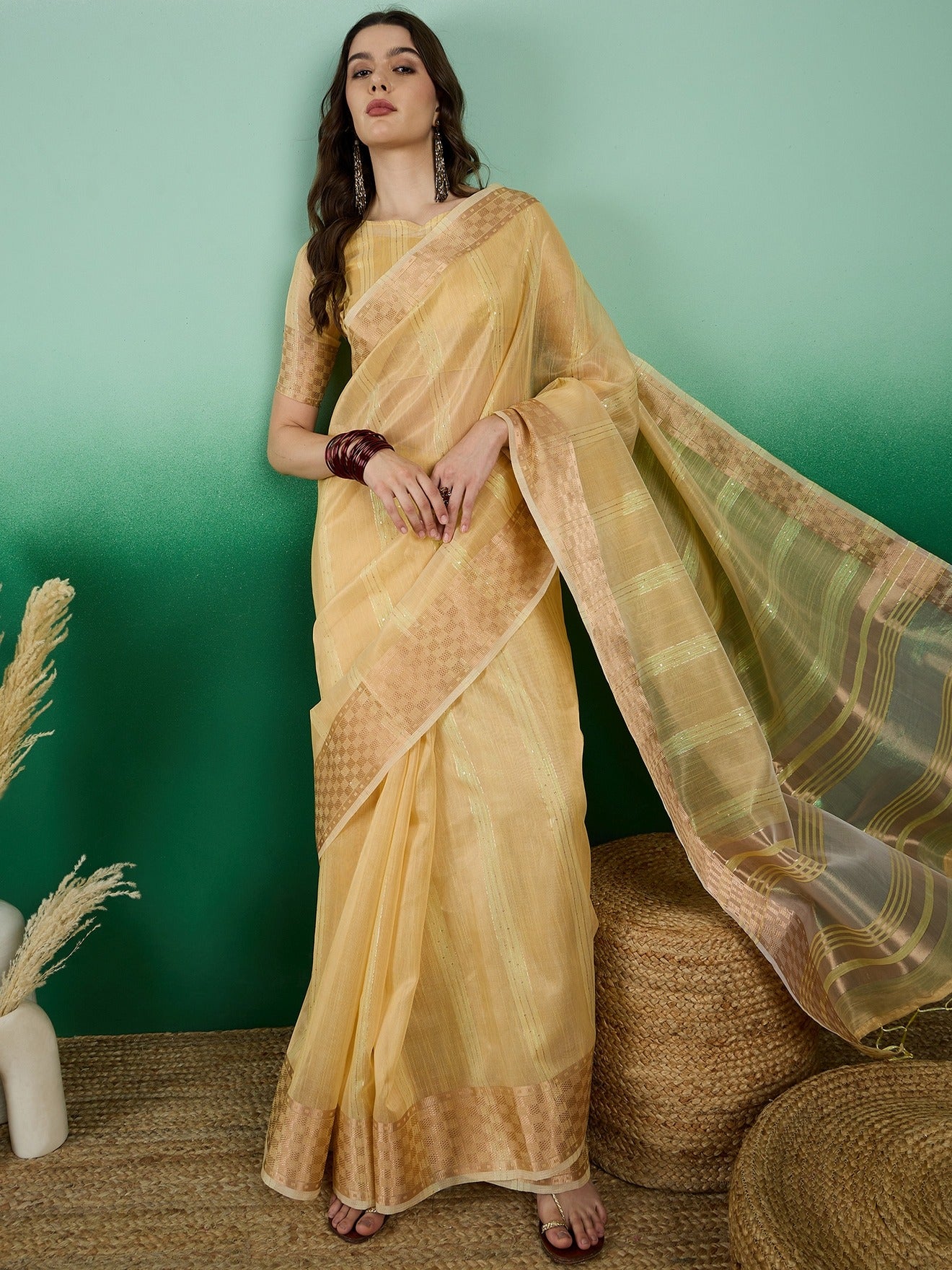 Women's Yellow Khadi Organza Weaving Work Saree By Epic Ethnics