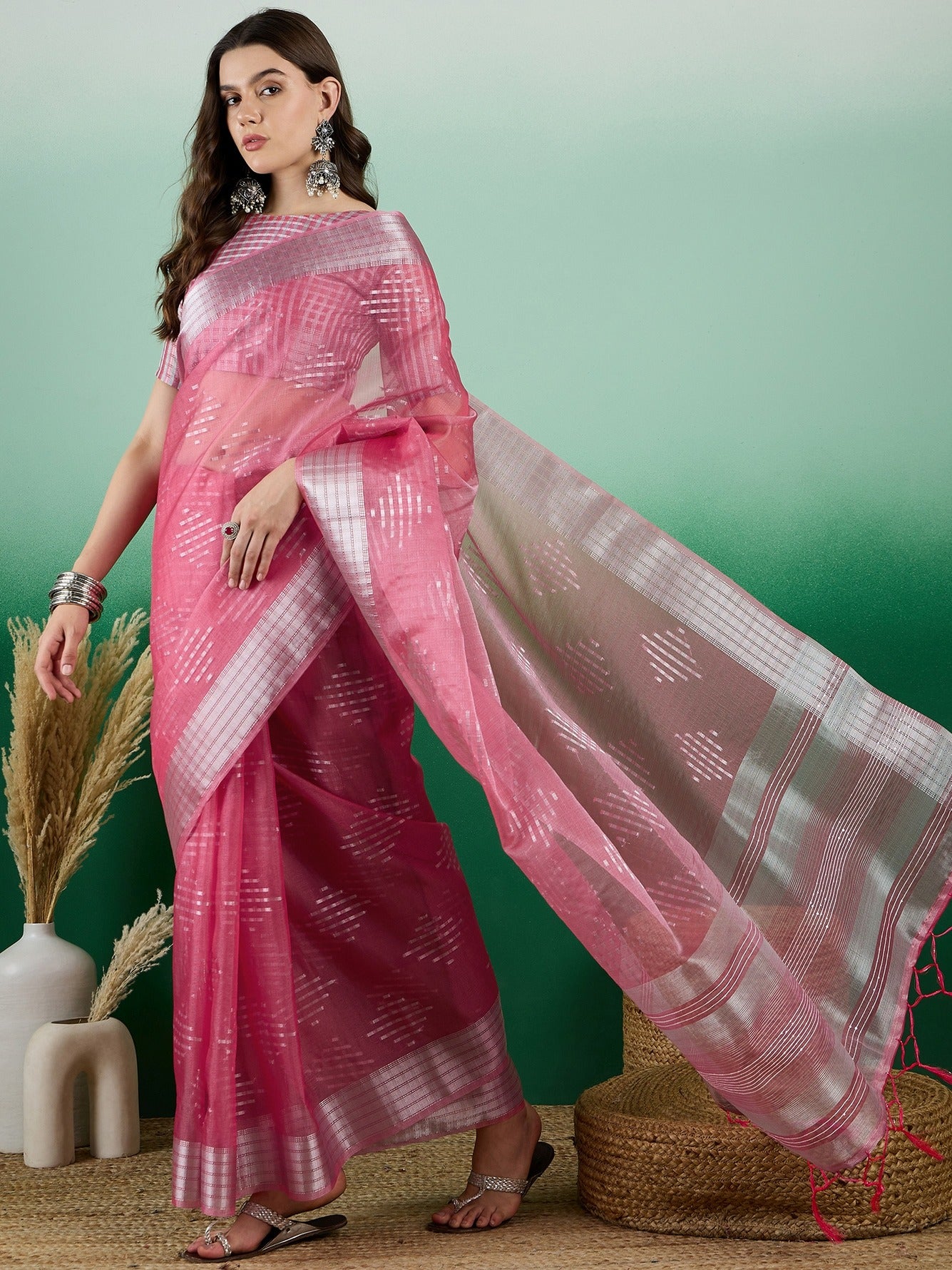 Women's Pink Khadi Organza Weaving Work Saree By Epic Ethnics