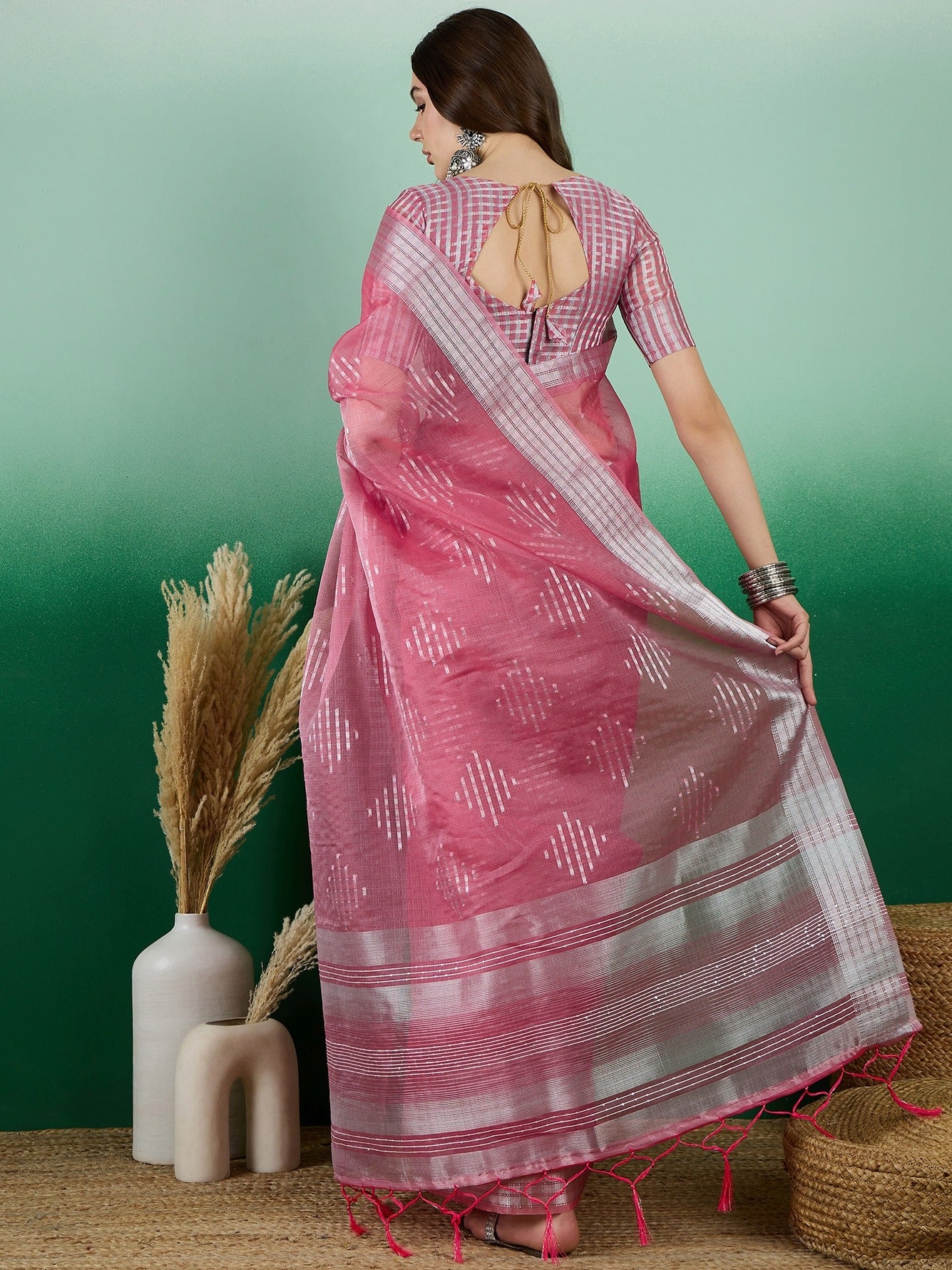 Women's Pink Khadi Organza Weaving Work Saree By Epic Ethnics