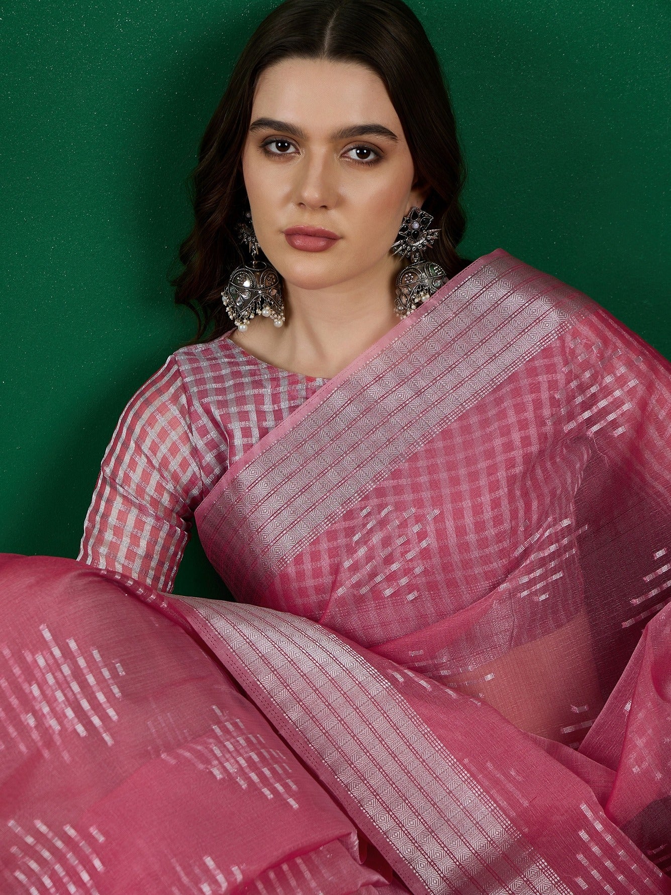 Women's Pink Khadi Organza Weaving Work Saree By Epic Ethnics
