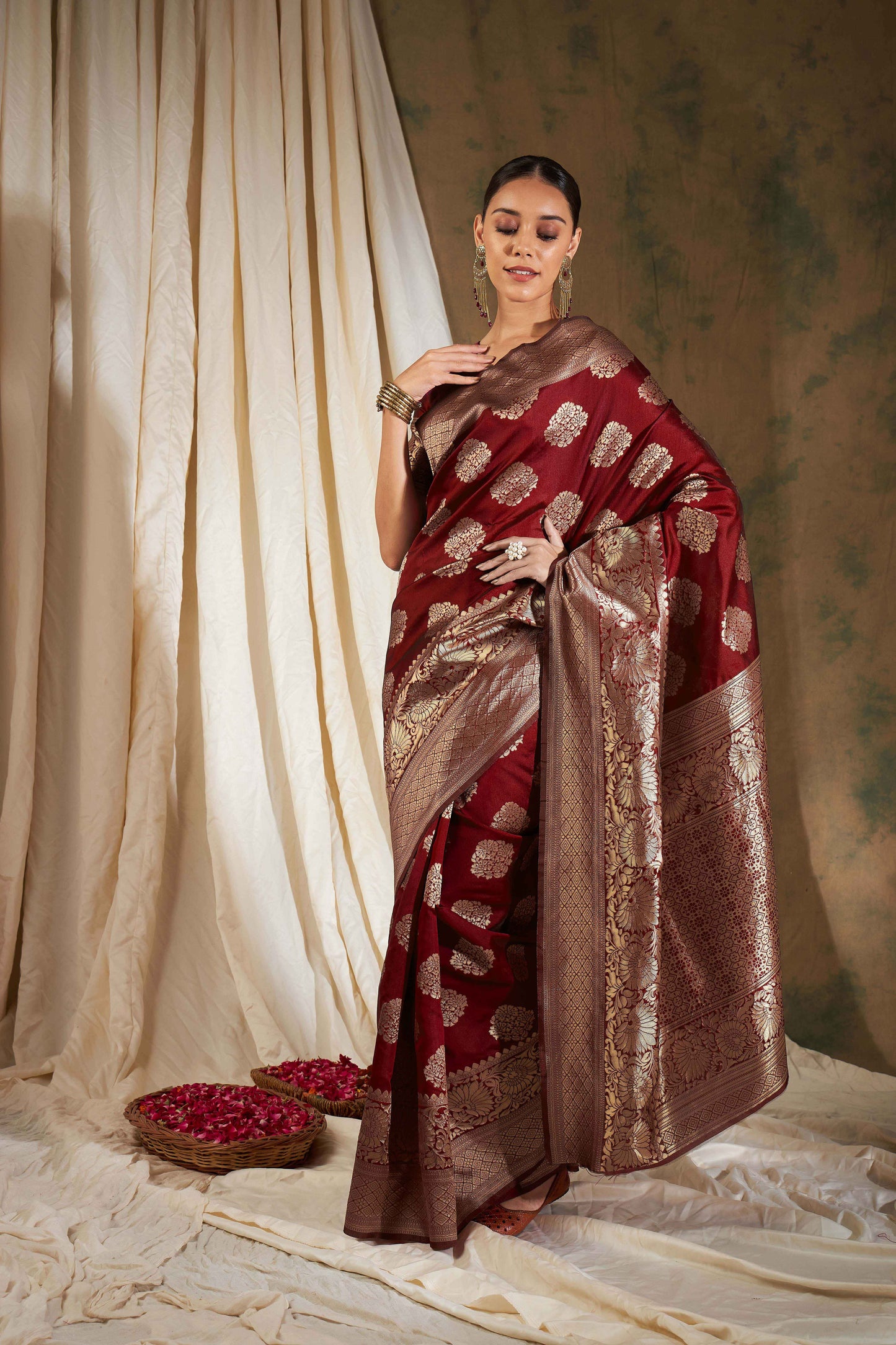 Women's Maroon Banarasi Silk Weaving Work Saree By Epic Ethnics