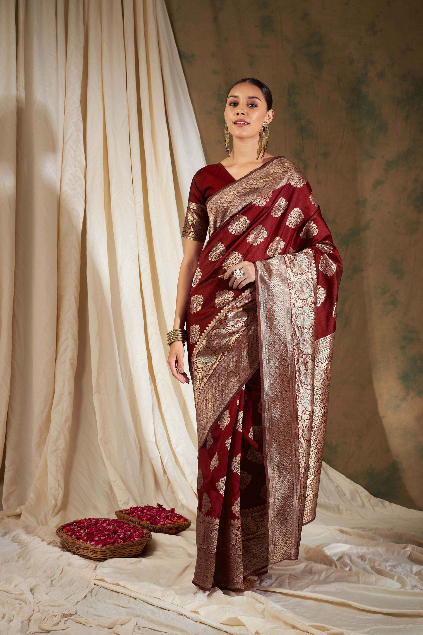 Women's Maroon Banarasi Silk Weaving Work Saree By Epic Ethnics