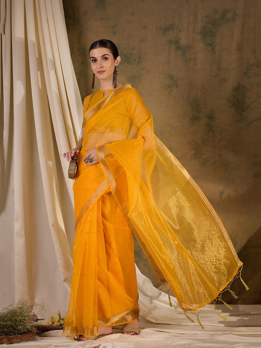 Women's Yellow Organza Silk Weaving Work Saree By Epic Ethnics