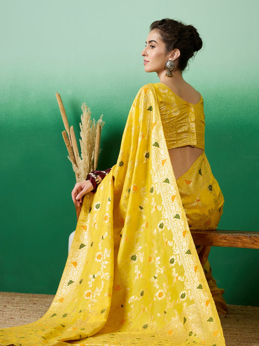 Women's Yellow Staple Dola Jacquard Weaving Work Saree By Epic Ethnics
