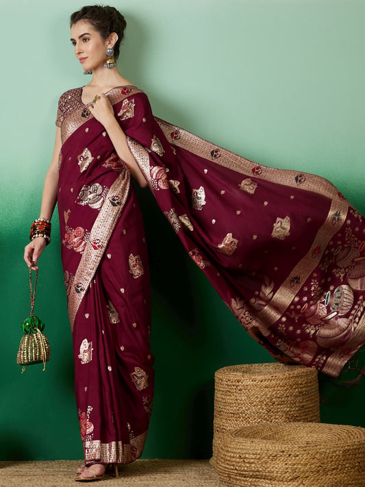 Women's Wine Staple Dola Jacquard Weaving Work Saree By Epic Ethnics
