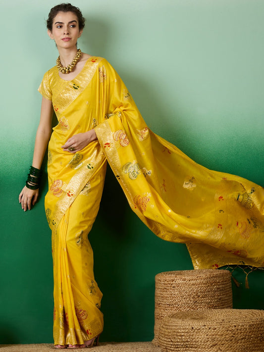 Women's Yellow Staple Dola Jacquard Weaving Work Saree By Epic Ethnics