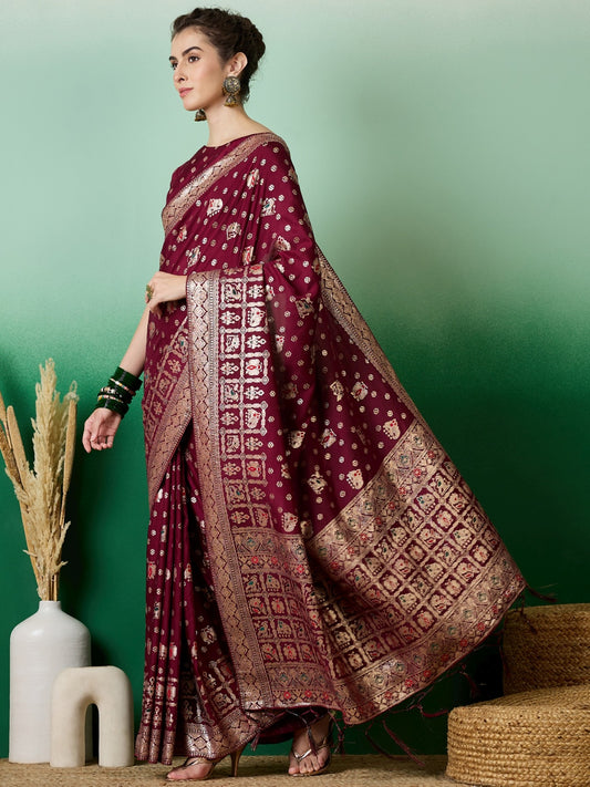 Women's Wine Staple Dola Jacquard Weaving Work Saree By Epic Ethnics