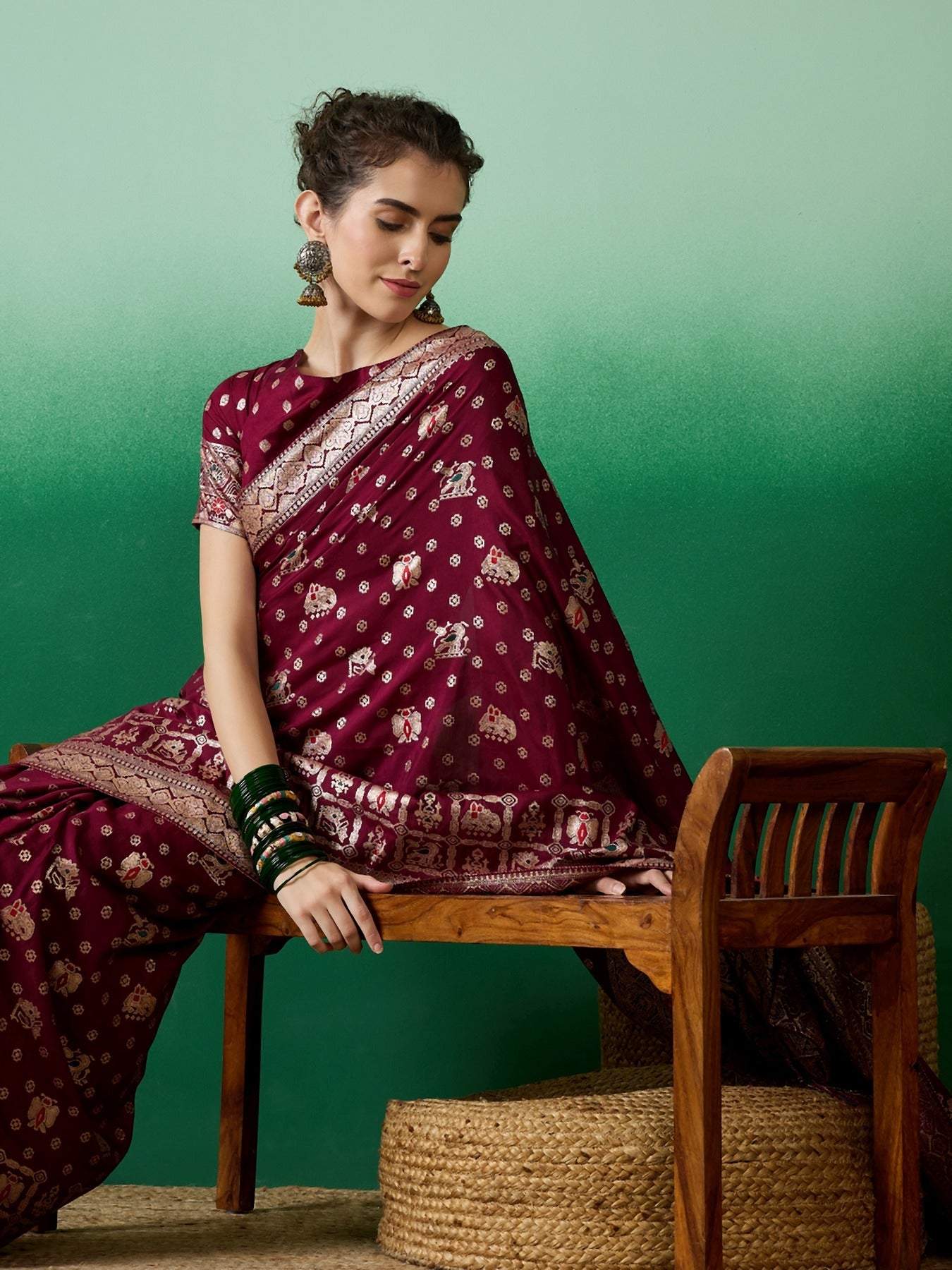 Women's Wine Staple Dola Jacquard Weaving Work Saree By Epic Ethnics