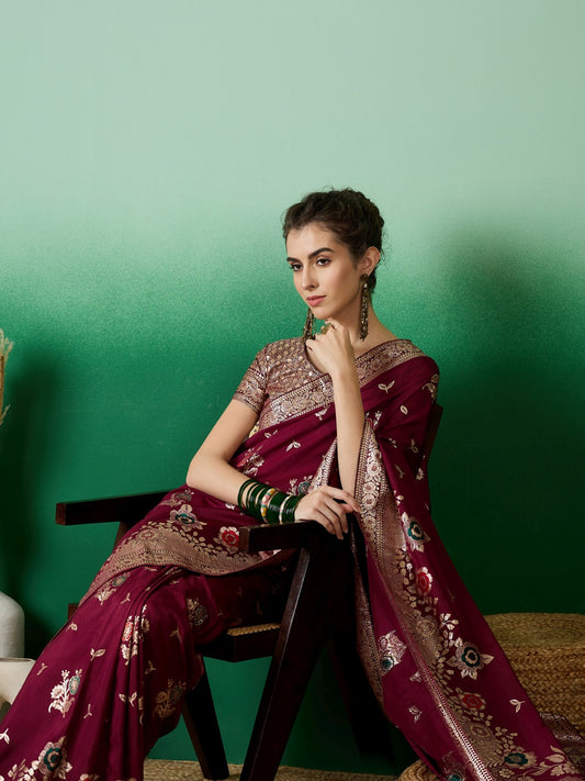 Women's Burgundy Staple Dola Jacquard Weaving Work Saree By Epic Ethnics