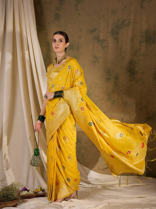Women's Yellow Staple Dola Jacquard Weaving Work Saree By Epic Ethnics