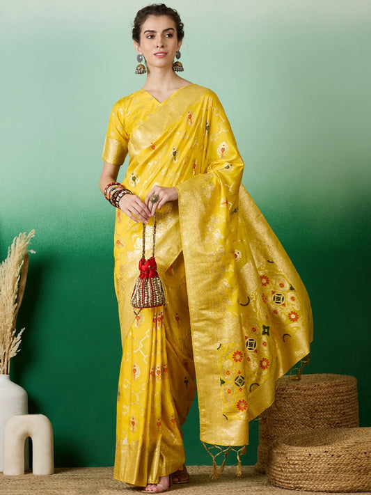 Women's Yellow Staple Dola Jacquard Weaving Work Saree By Epic Ethnics
