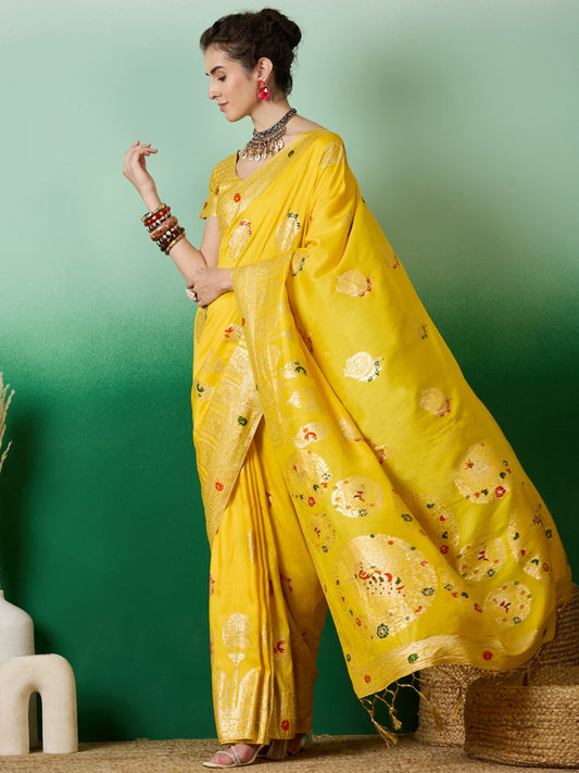 Women's Yellow Staple Dola Jacquard Weaving Work Saree By Epic Ethnics