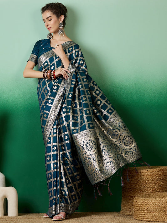 Women's Teal Staple Jacquard Dola Weaving Work Saree By Epic Ethnics