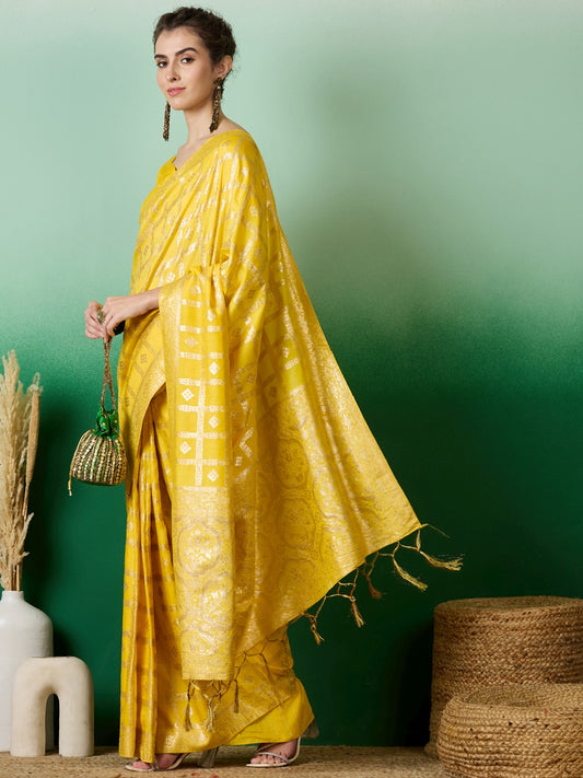 Women's Yellow Staple Jacquard Dola Weaving Work Saree By Epic Ethnics