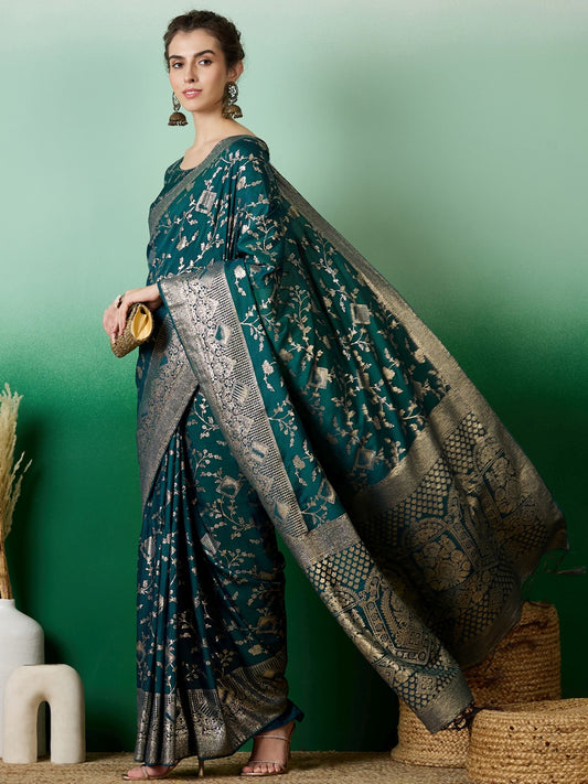 Women's Teal Staple Jacquard Dola Weaving Work Saree By Epic Ethnics