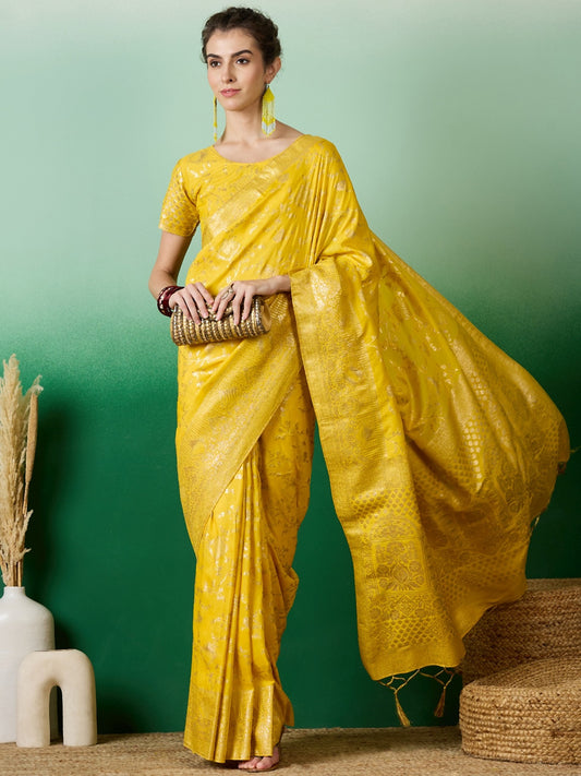 Women's Yellow Staple Jacquard Dola Weaving Work Saree By Epic Ethnics