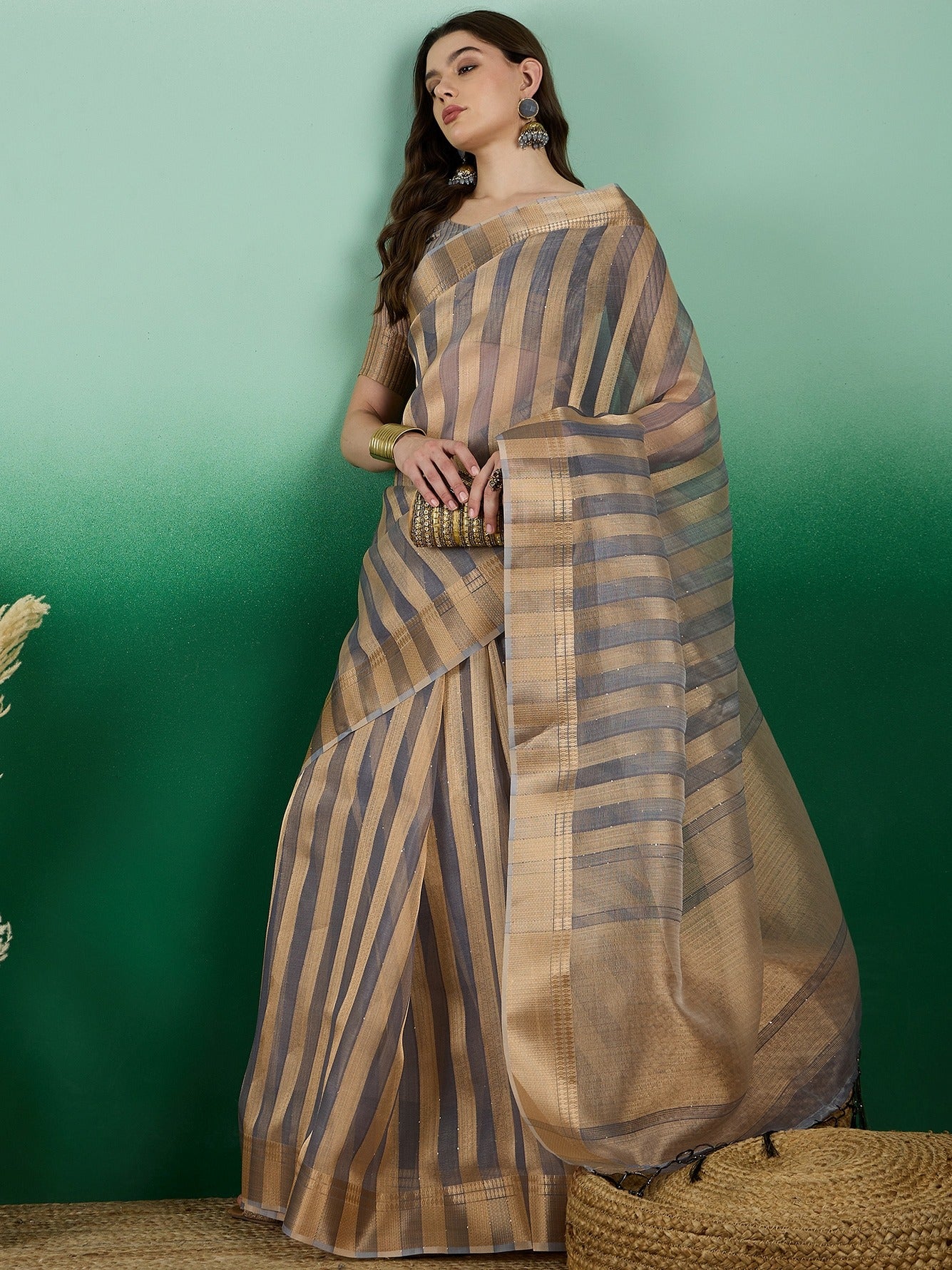 Women's Grey Khadi Organza Weaving Work Saree By Epic Ethnics