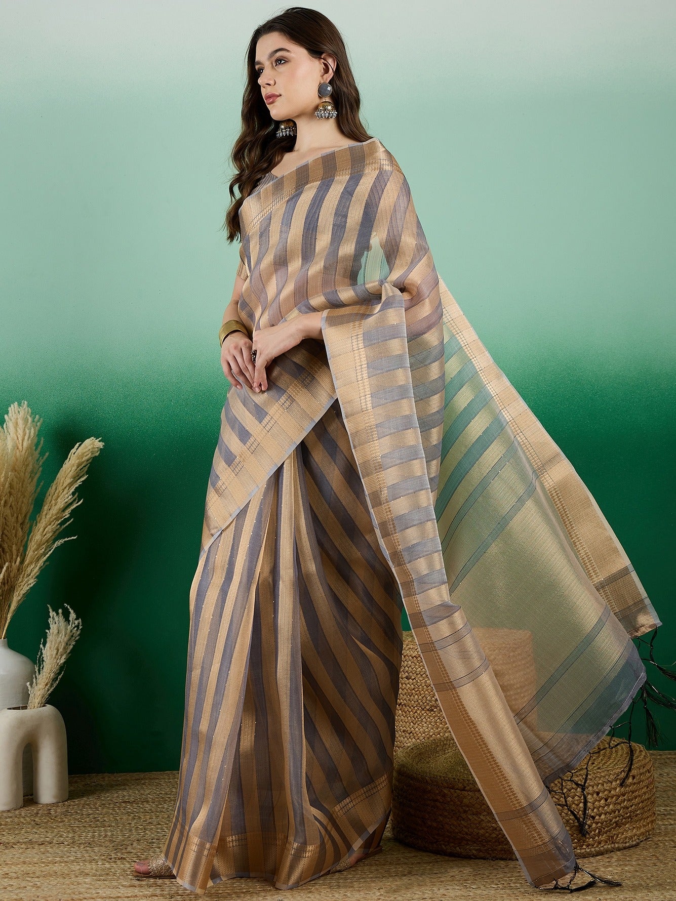 Women's Grey Khadi Organza Weaving Work Saree By Epic Ethnics