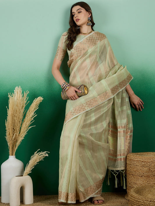 Women's Pista Green Khadi Organza Weaving Work Saree By Epic Ethnics
