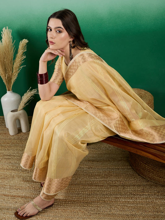 Women's Yellow Khadi Organza Weaving Work Saree By Epic Ethnics