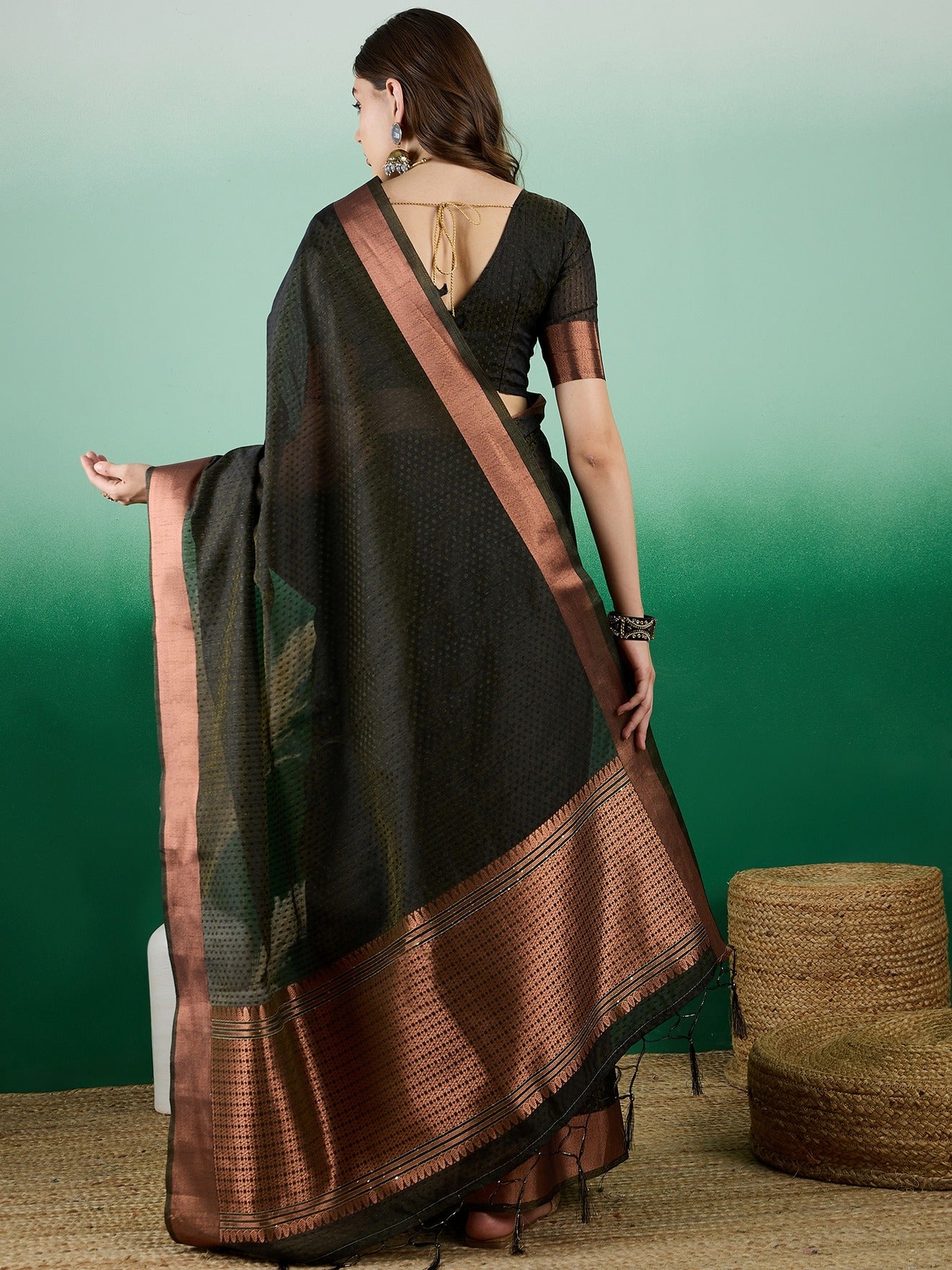 Women's Black Khadi Organza Weaving Work Saree By Epic Ethnics