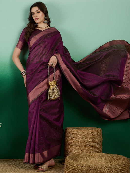 Women's Wine Khadi Organza Weaving Work Saree By Epic Ethnics