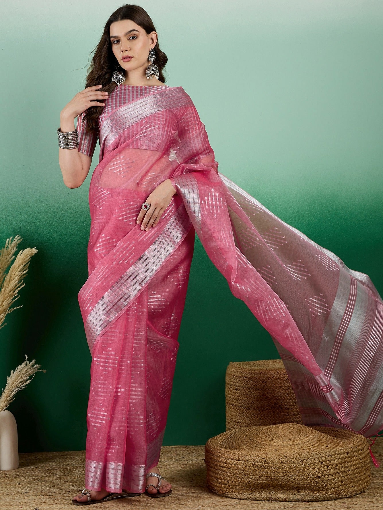 Women's Pink Khadi Organza Weaving Work Saree By Epic Ethnics