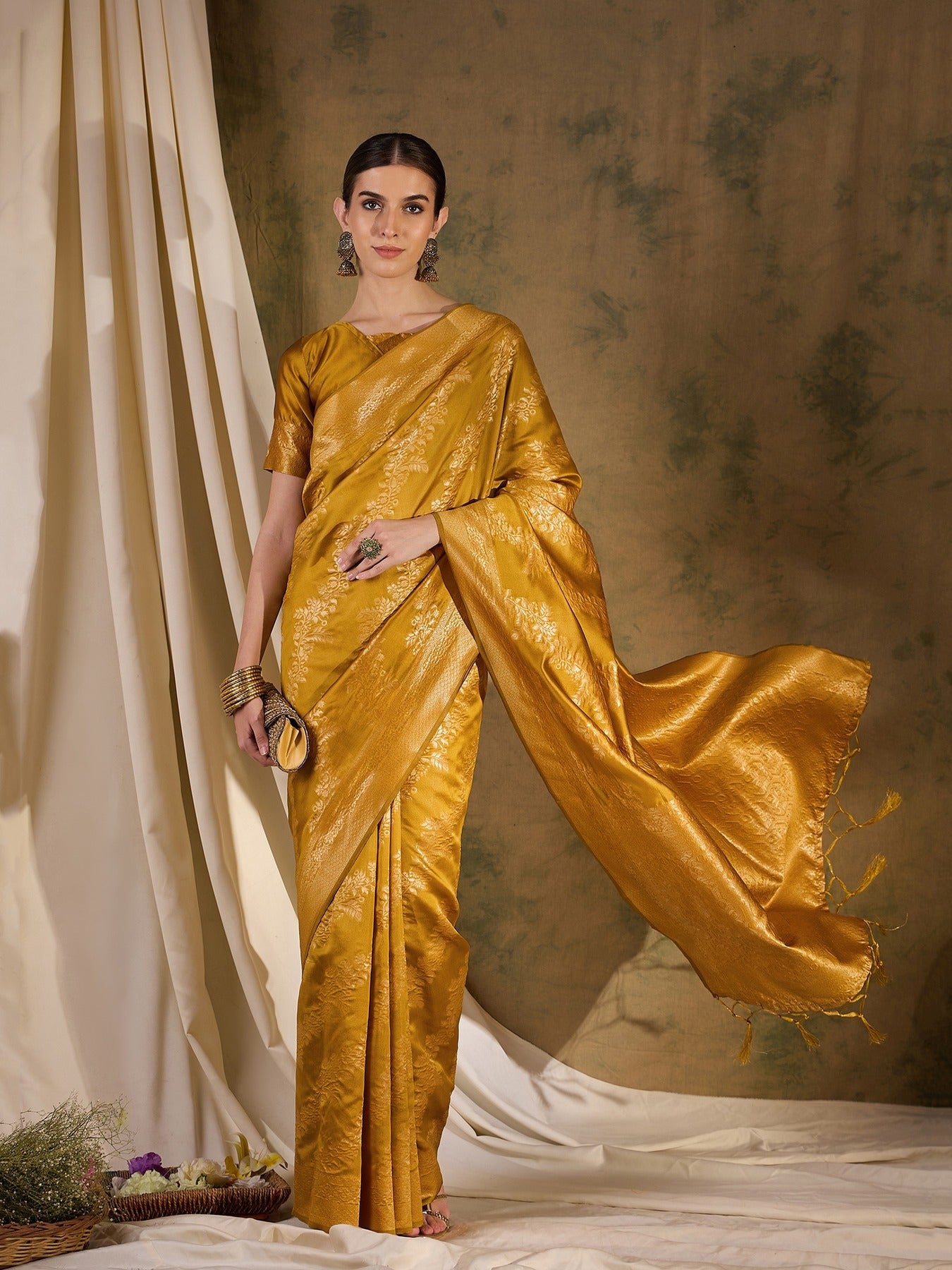 Women's Mustard Banarasi Silk Weaving Work Saree By Epic Ethnics