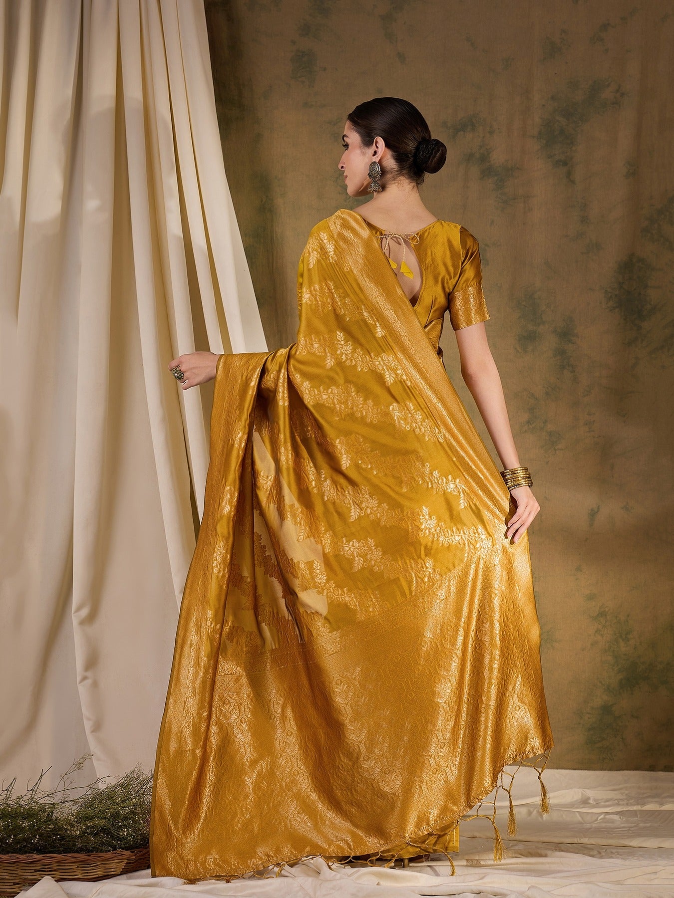 Women's Mustard Banarasi Silk Weaving Work Saree By Epic Ethnics